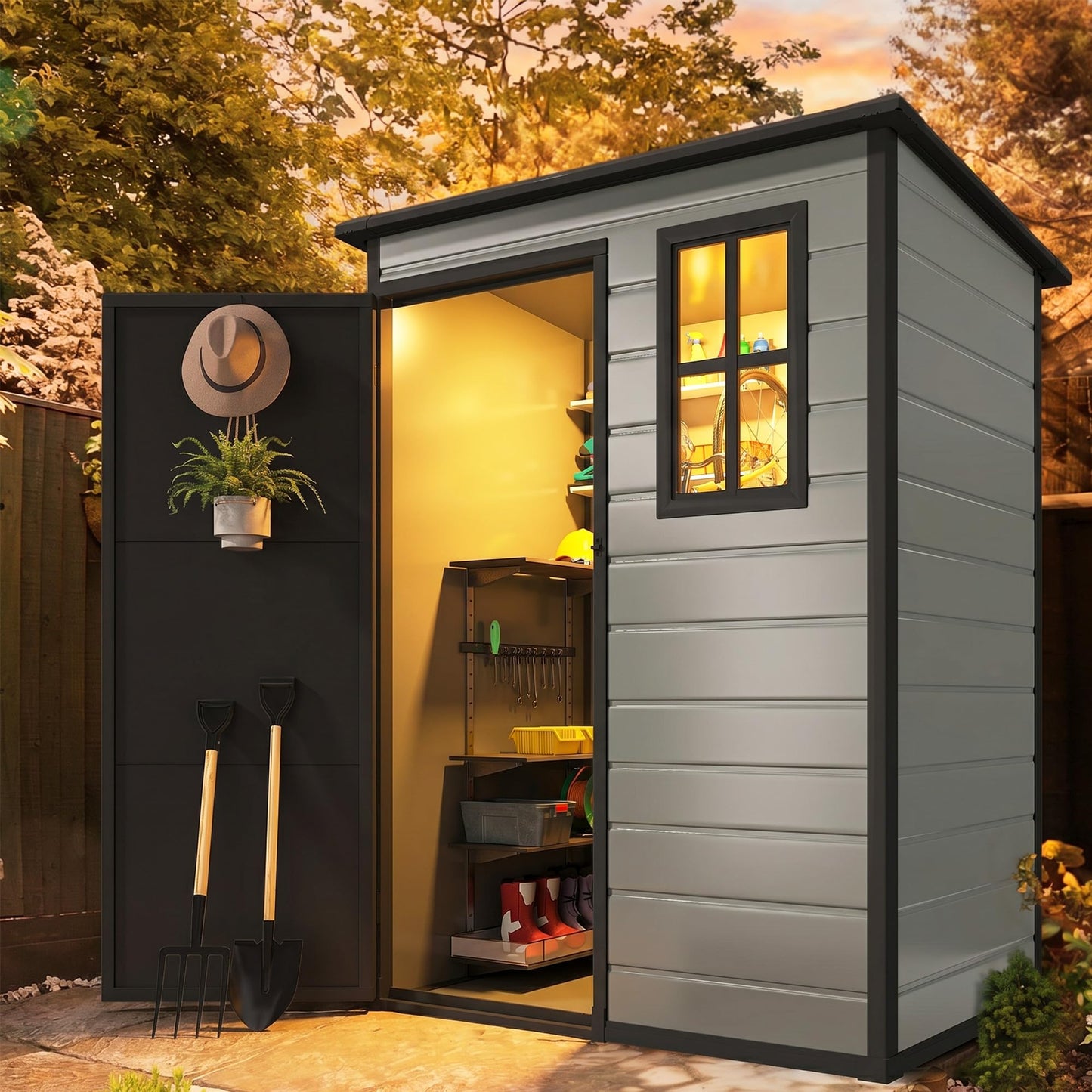 DWVO 5x3ft Resin Outdoor Storage Shed with Floor, Waterproof Lockable Storage Shed with Window, Plastic Outside Tool Storage for Garden, Backyard Patio