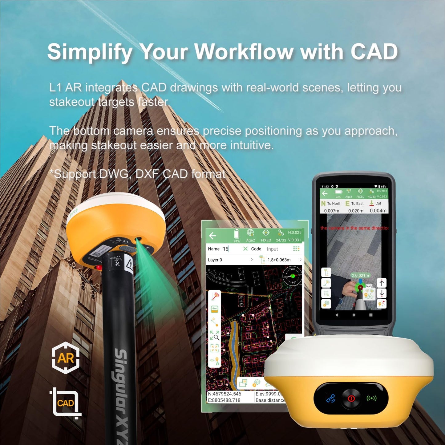 L1-AR GNSS RTK Base+Rover – RTK GPS Handheld Collector with Software & Visual Stakeout with Camera, Global Shutter with 2 MP, 2cm Accuracy, 120° Tilt Survey | Professional Support