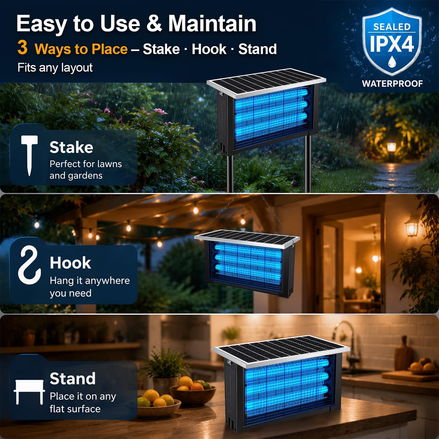 Solar Bug Zapper Outdoor, Poartable Rechargeable Mosquito Zapper with 3 LED Tubes, IPX4 Solar Fly Zapper, Cordless Portable for Patio Garden Backyard RV Camping, with 13W Solar Panel Covers 3000 sq.ft