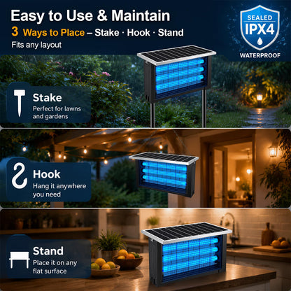 Solar Bug Zapper Outdoor, Poartable Rechargeable Mosquito Zapper with 3 LED Tubes, IPX4 Solar Fly Zapper, Cordless Portable for Patio Garden Backyard RV Camping, with 13W Solar Panel Covers 3000 sq.ft