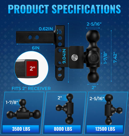 JEXTRA Adjustable Trailer Hitch Ball Mount, fits 2 Inch Hitch Receiver, 5" Rise & Drop Hitch Tri-Ball (1-7/8" x 2" x 2-5/16"),12,500 LBS GTW Trailer Hitch with Double Anti-Theft Locking Pins Black