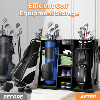 SuniBoxi Wooden Golf Storage Organizer for Garage, Premium Golf Bag Holder Rack for Golfing Accessories, Great Gift for Golfers,Husband, Dad(2 Bags,Dark Black)
