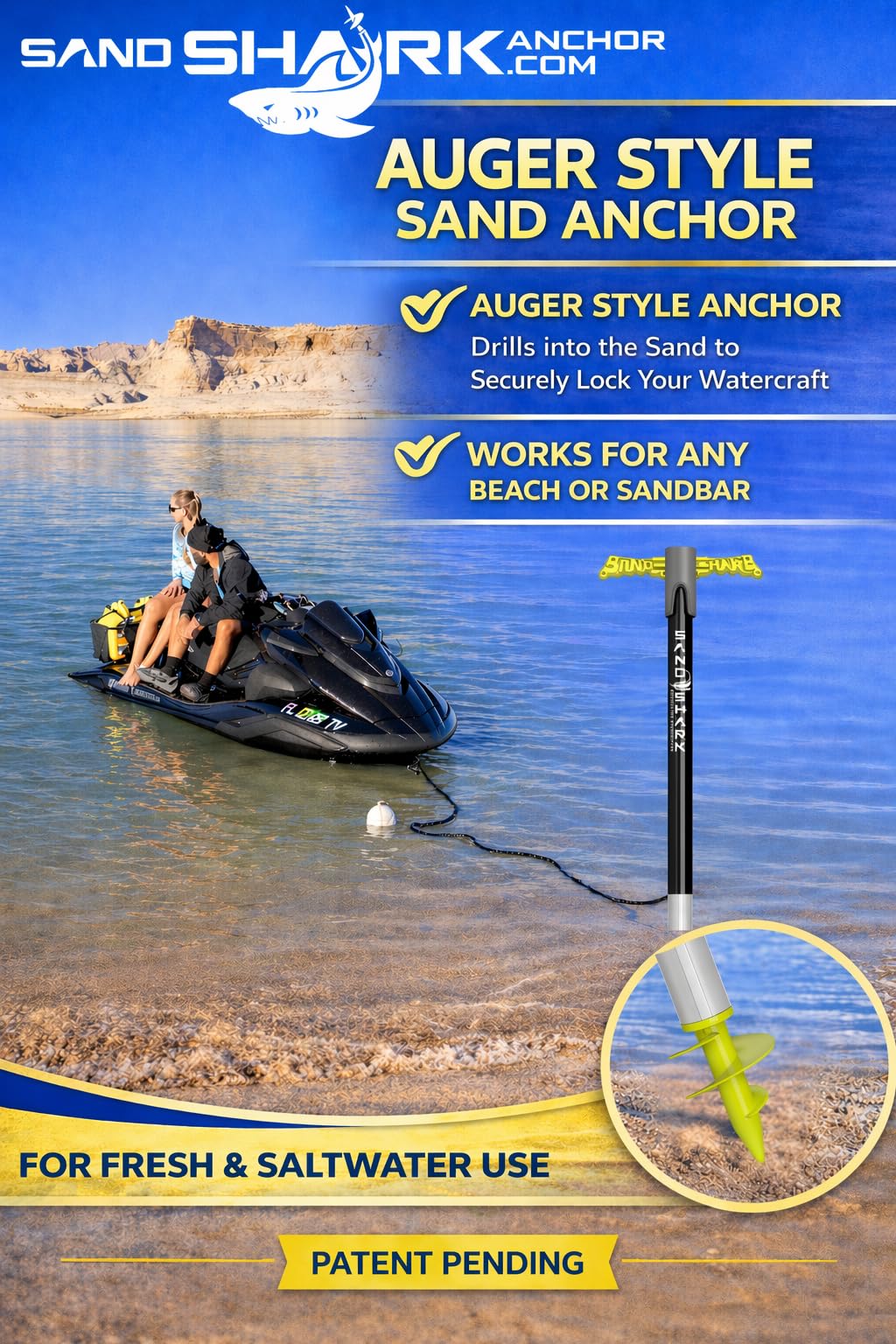 SandShark Patent Pending Supersport 3.0 Boat Anchor - Shallow Water Anchor Pole - Great Jet Ski, PWC, Pontoon Boat Accessories for Beach and Sandbar - Adjusts 29"-48" w/Case