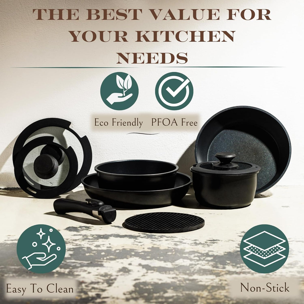 Moss & Stone Nonstick Cookware Set - 10-Piece Space-Saving Pans with Removable Handles | RV & Induction Ready