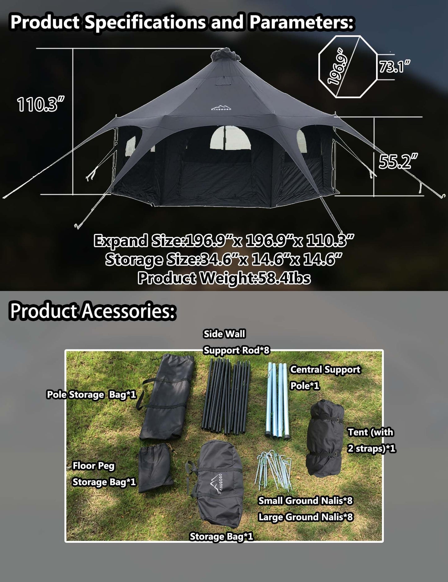 Kanggogo 5M Cotton Canvas Tent Bell - Yurts with Stove Jack，16.4ft*High9.2ft ，Breathable and Windproof,Glamping for 6/8/10Person Family Camping (8-10 People)