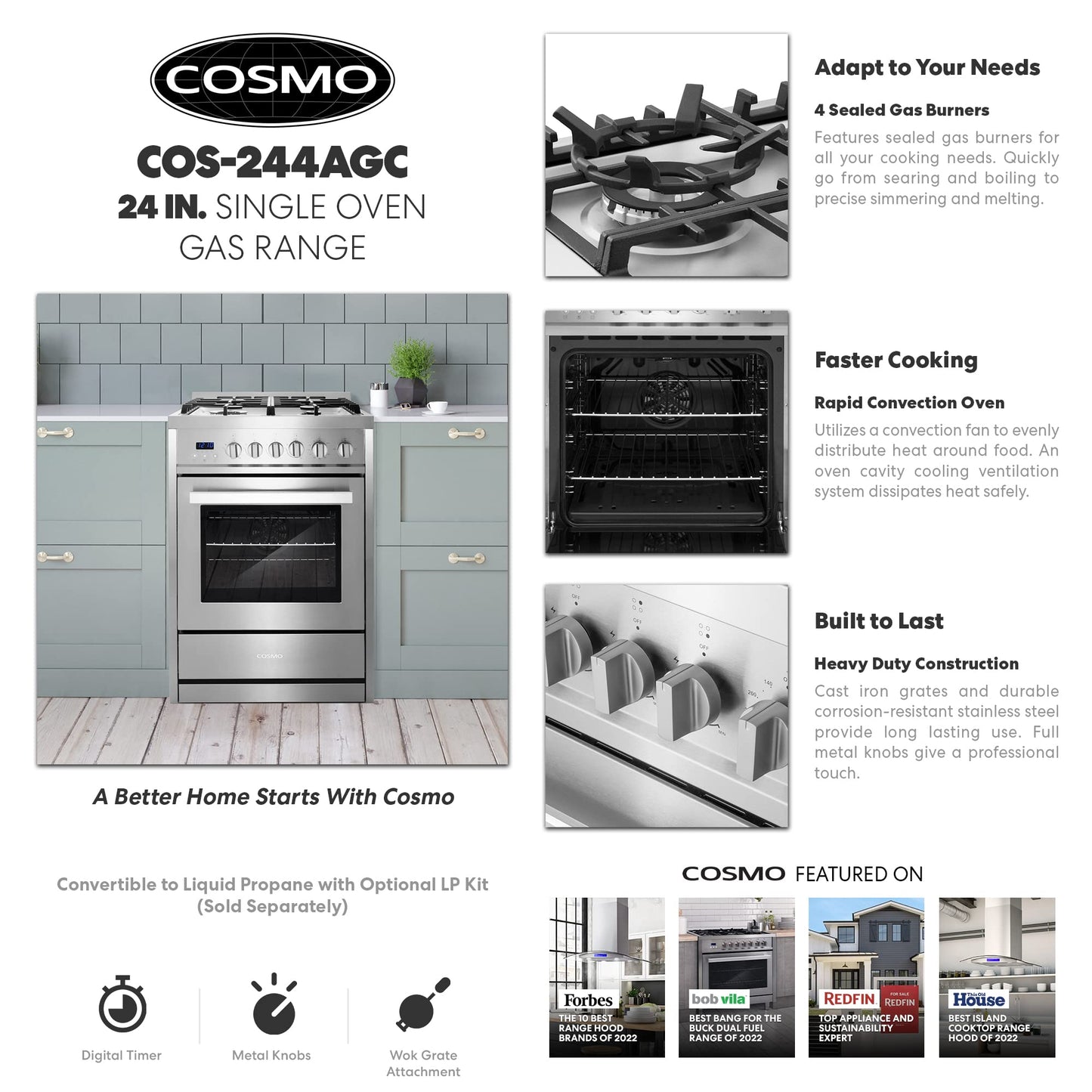 COSMO COS-244AGC 24 in. Nebula Collection 2.7 cu. ft. Gas Range, 4 Burners, Rapid Convection Oven, Cast Iron Grates in Stainless Steel