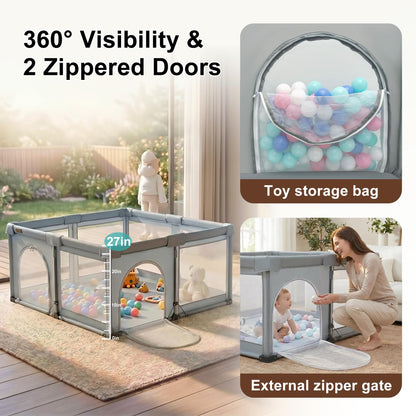 Foldable Playpen with Detachable Thicken Mat,59x71 Inches Portable Playpen,Collapsible Play Pen for Babies and Toddlers,Indoor & Outdoor Baby Fence Play Area,Cold Gray