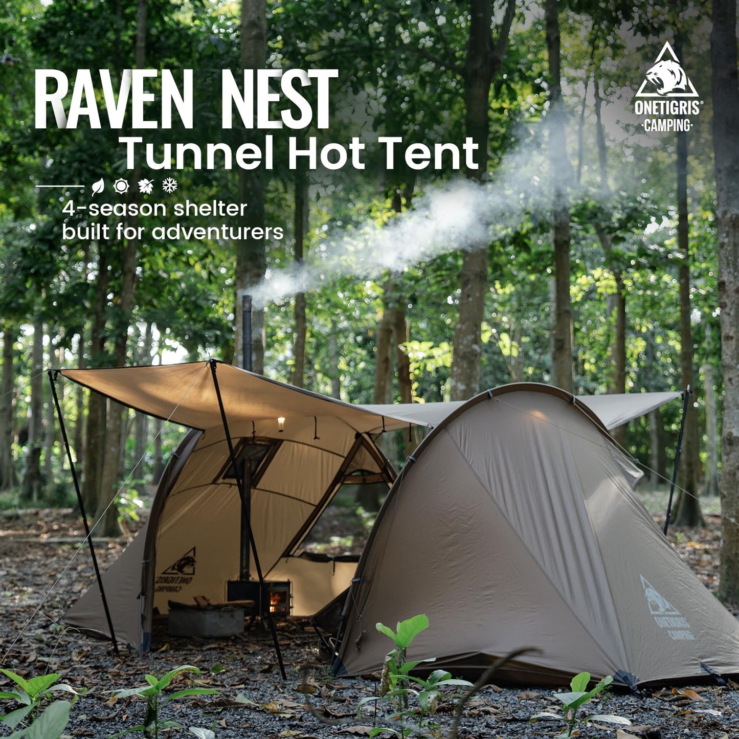 OneTigris Raven NEST Hot Tent with Stove Jack, Spacious Waterproof 2 Person Tunnel Tent for Camping, Hiking, Backpacking, Bushcraft