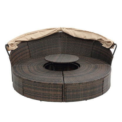 GDFStudio Outdoor Rattan Round Daybed with Canopy, Patio Wicker Lounge Bed with Lift-Top Coffee Table, Clamshell Sectional Seating Sofa Bed with Cushions & Pillows for Garden, Poolside, Beige