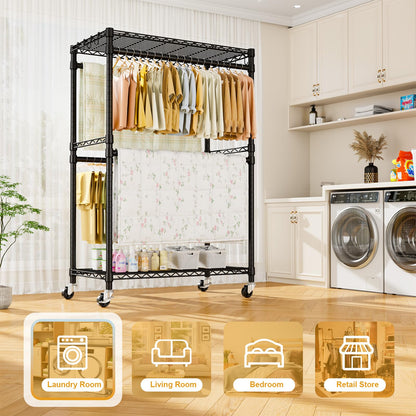 ULIFHOME P4 Plus Rolling Clothes Rack Heavy Duty, Clothing Racks for Hanging Clothes, Free Standing Garment Racks with Wheels, Portable Closet Rack 45''W × 20.5''D × 80.5''H, Max Load 570 Lbs, Black