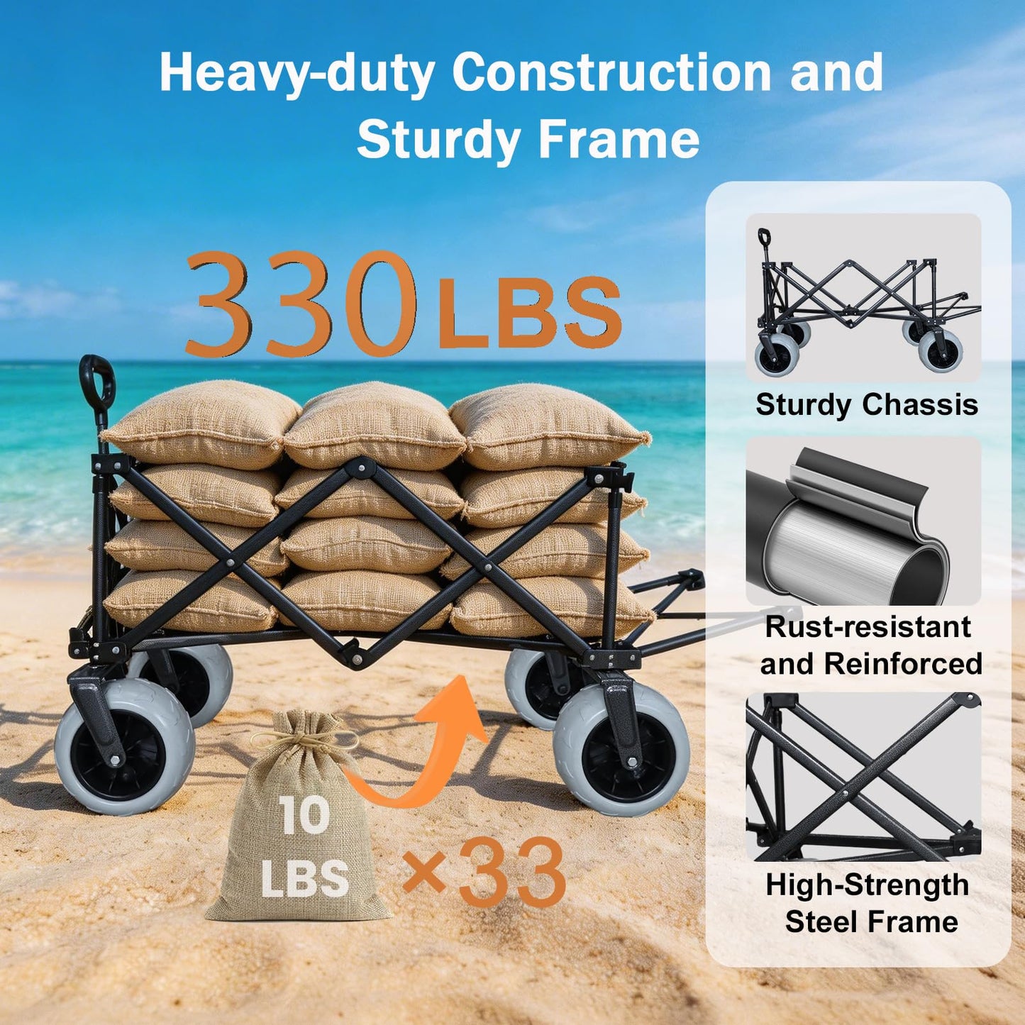 OTIATrail Beach Wagon, Big All-Terrain 9"x4" PU Wheels for Sand, 200L Large Capacity & 330lbs Heavy Duty, Collapsible Utility Wagon with Extended Tailgate for Beach Camping Outdoors