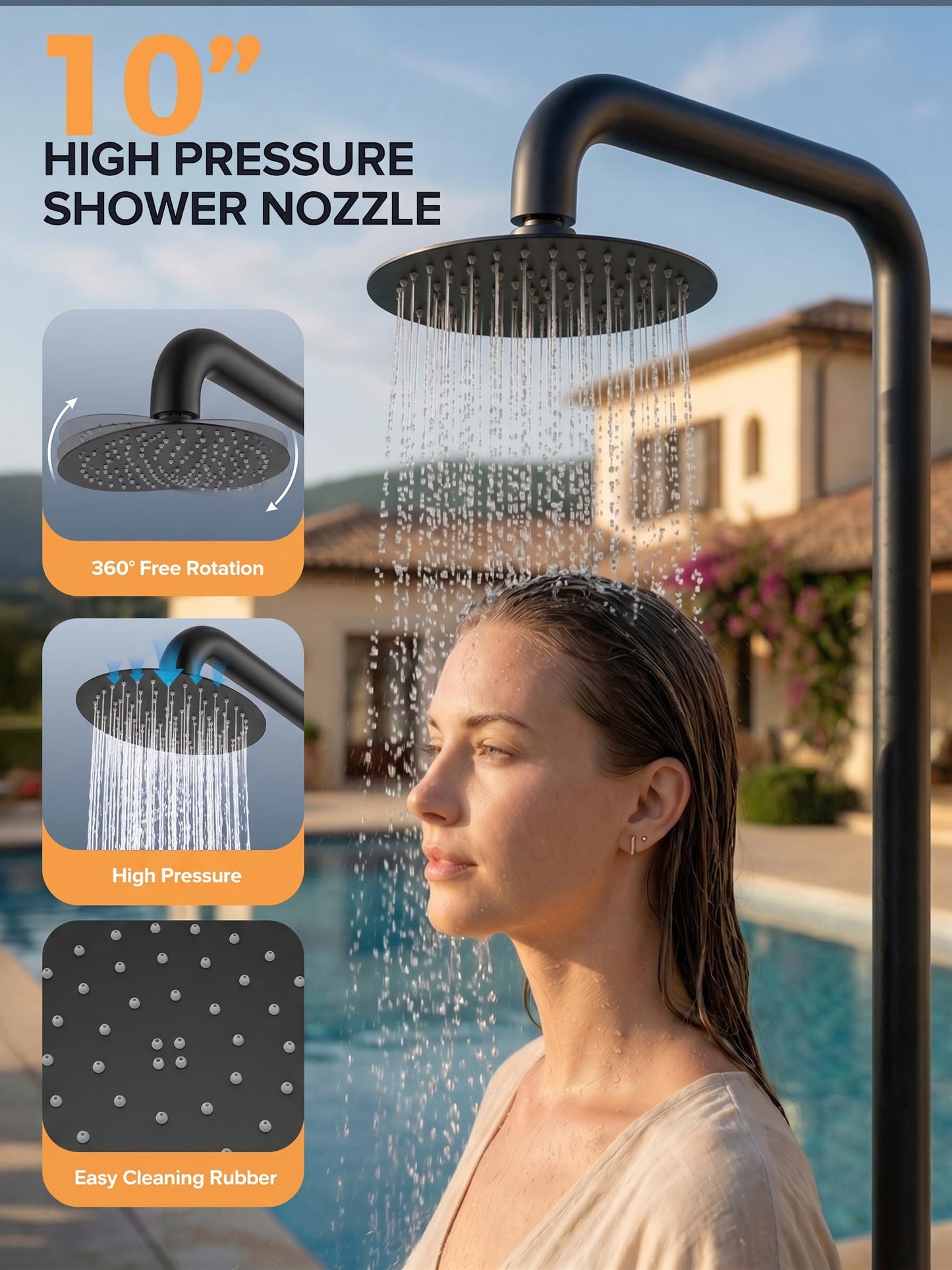 WCQQ 316 Stainless Steel Outdoor Floor Shower with 3 Functions, Matte Black Freestanding 10" Headshower & Handheld Shower for Backyard Patio Relaxation/Easy Garden Clean