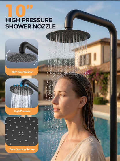WCQQ 316 Stainless Steel Outdoor Floor Shower with 3 Functions, Matte Black Freestanding 10" Headshower & Handheld Shower for Backyard Patio Relaxation/Easy Garden Clean