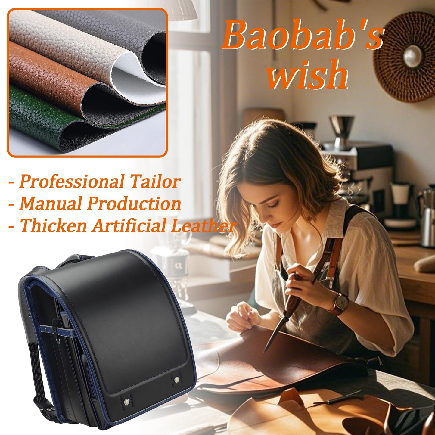 Baobab's wish Ransel Randoseru Backpack Semi-automatic satchel Japanese school bag for girls and boys PU leather bab-rng58 (Black)