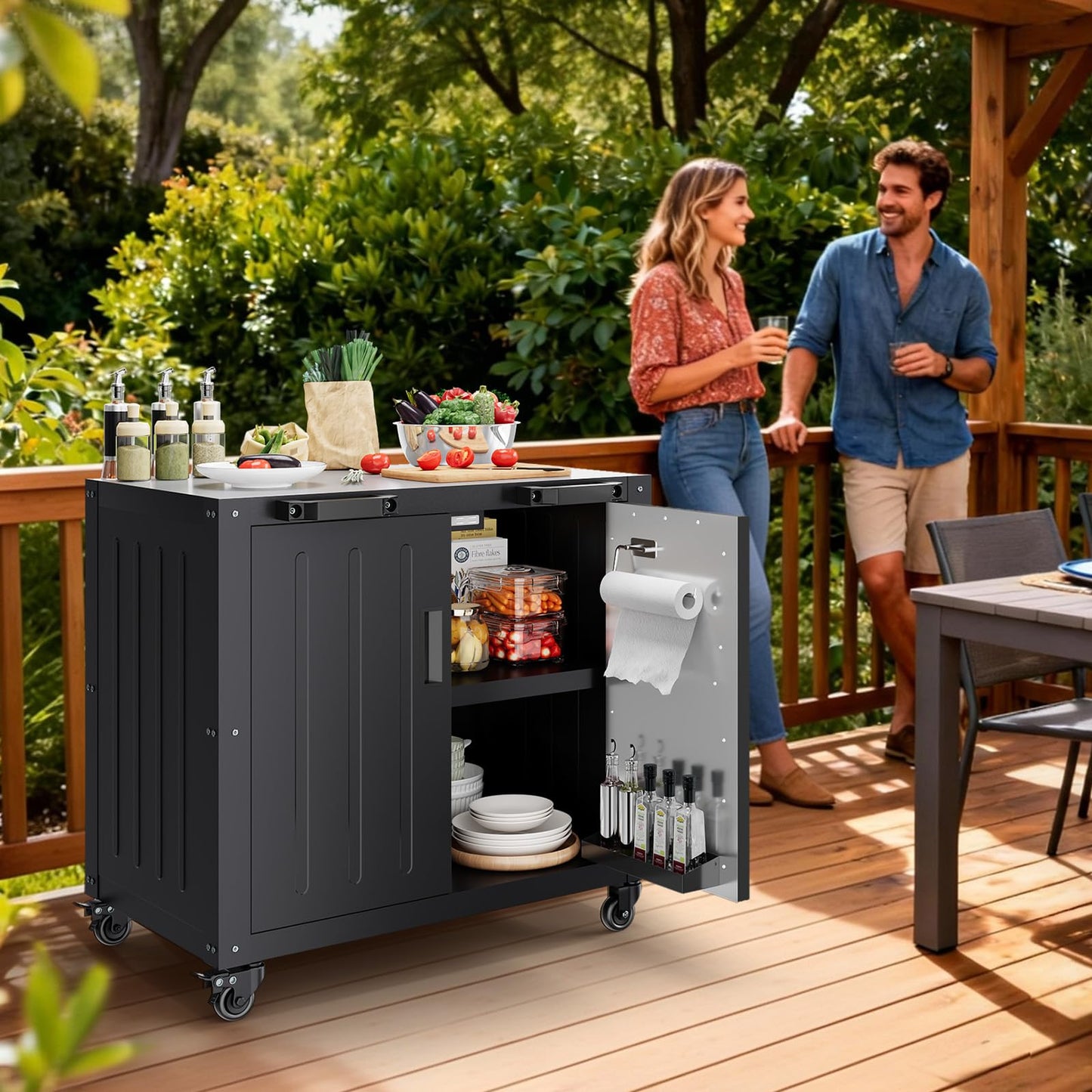 Outdoor Grill Cart with Storage Cabinet, Outdoor Cooking Table, Made Entirely of Stainless Steel, Grill Station for Kitchen Prep, Working Table, Lawn & Garden