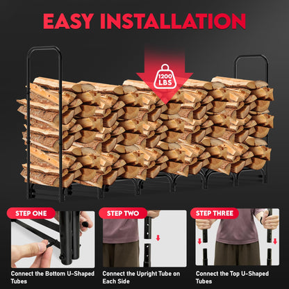 Zettum 8ft Firewood Log Rack - Outdoor Wood Stand Holder, Heavy Duty Metal Fire Wood Pile Organizer with Cover for Fireplace Storage (96 x 14 x 48 Inch)