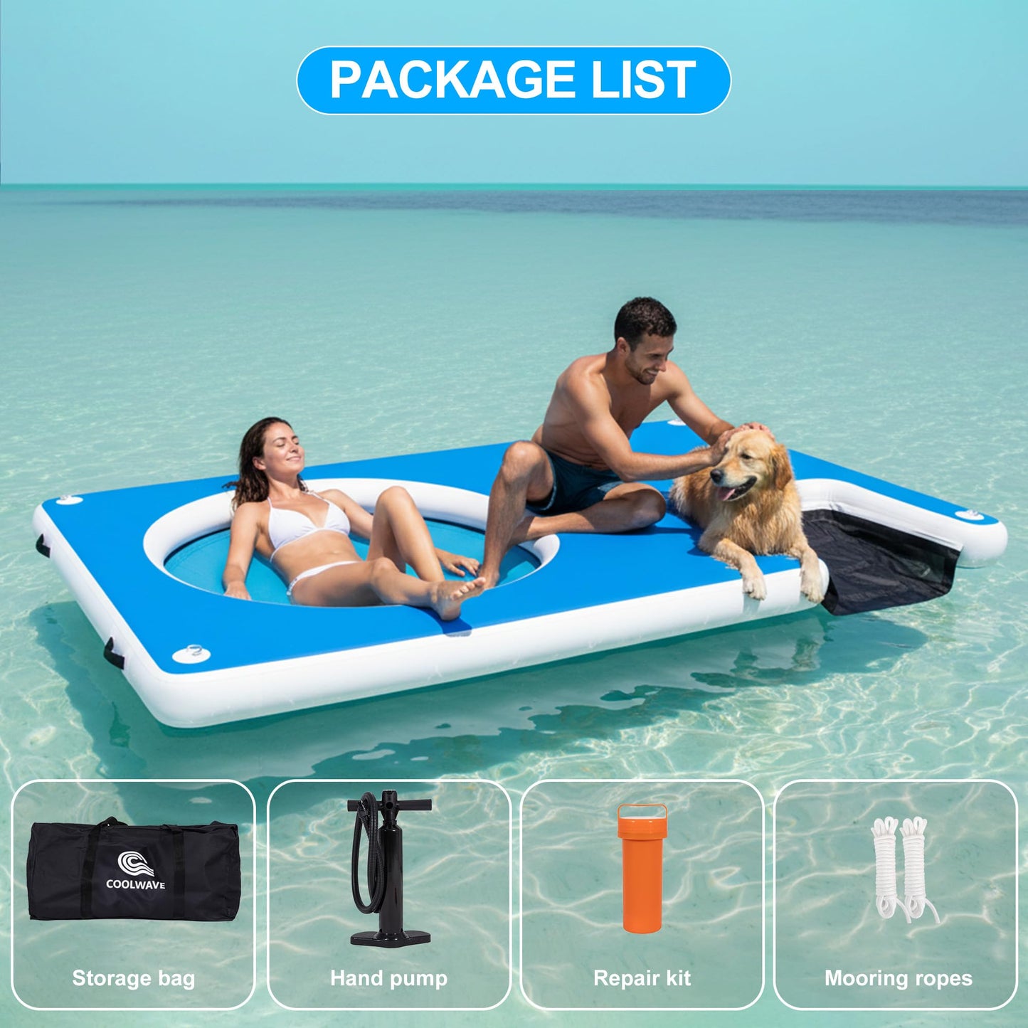 COOLWAVE Inflatable Floating Dock 10x6FT Dog Boat Ramp, Extra Large Floating Dog Dock with Water Hammock for Pool Lake Beach, Heavy Duty Lake Floats for Adults and Pets, 700LBS Load Capacity