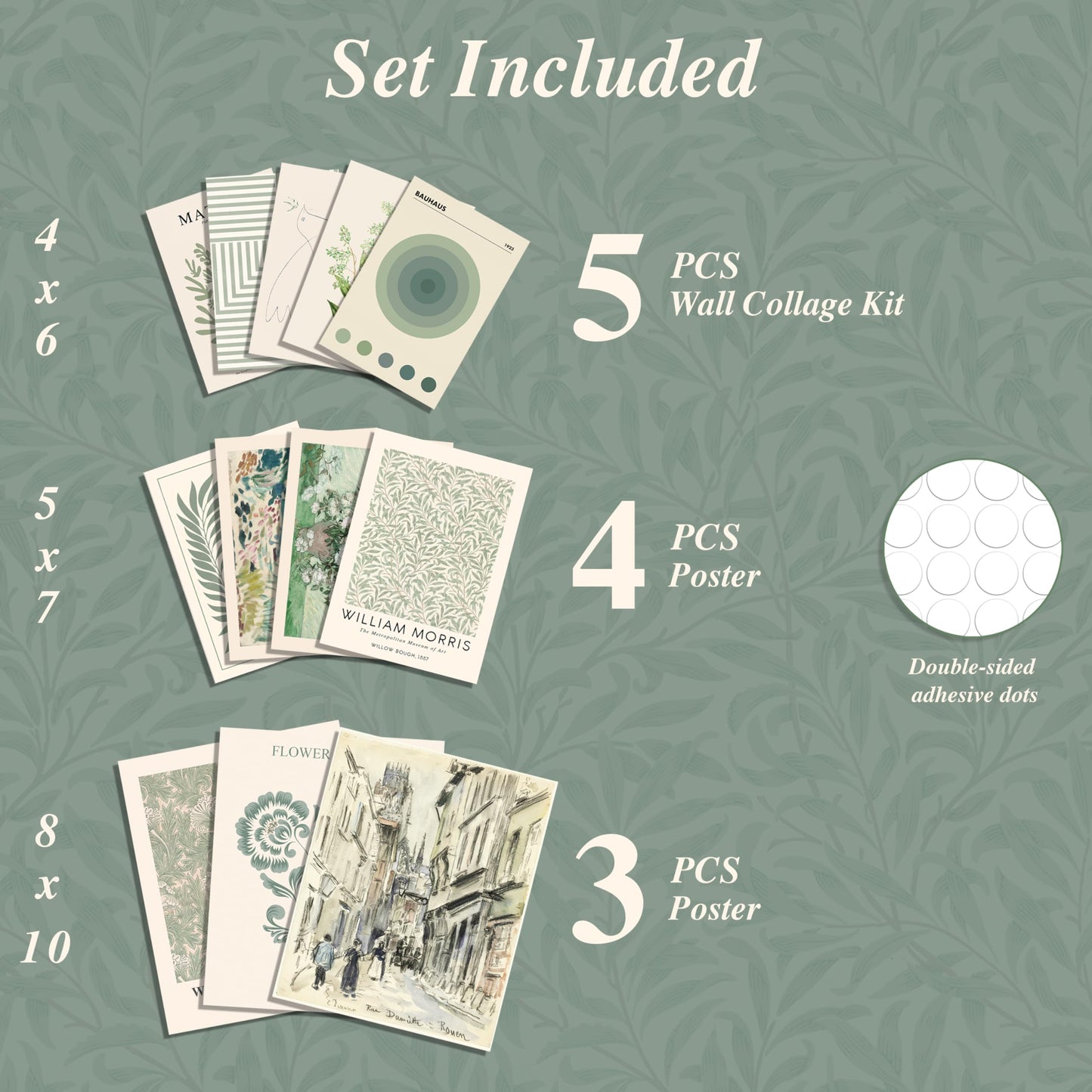 Waschbär Sage Green Room Decor Aesthetic - Green Wall Art Aesthetic Posters, Green Room Decor, Sage Minimalist Poster Set, Boho Prints Wall Collage, Matisse Pictures for Bedroom Decor (UNFRAMED)