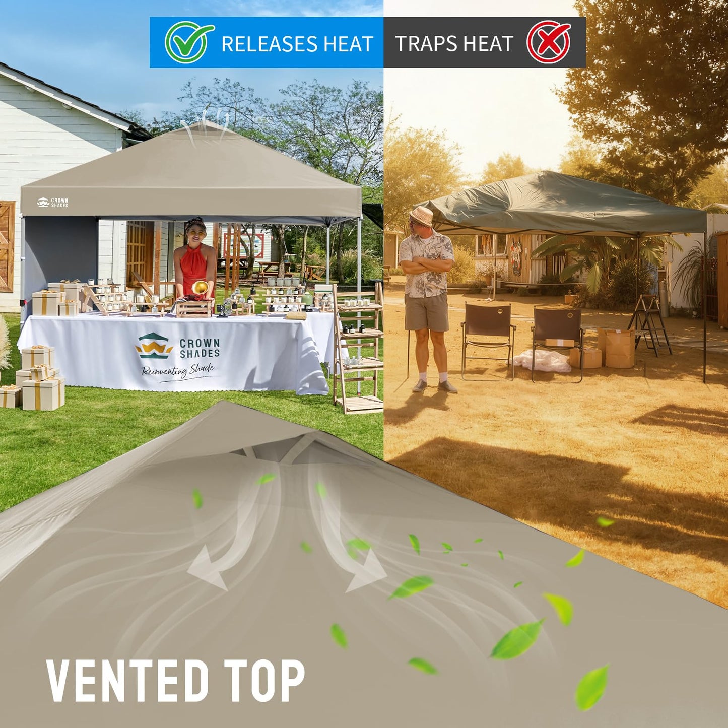 CROWN SHADES Pop Up Canopy with 1 Side Wall - Beach Tent with One Push Setup - Outdoor Sun Shade for Events, Parties, Camping - Gazebo with STO-N-Go Cover Bag, Beige, 12x12FT