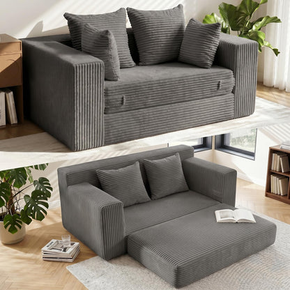 AOLVDOW Convertible 5 in 1 Futon Sofa Bed Full Size, Corduroy Boneless Couch Sleeper Sofa with 4 Pillows, Foldable Pull Out Loveseat Floor Mattress for Living Room, Apartment, Small Space & Dorm