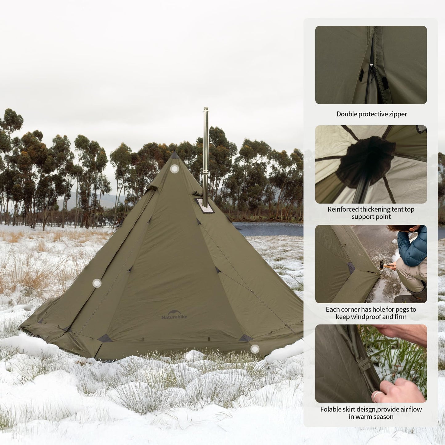 Naturehike Ranch Fire Teepee Tent, Hot Tents with Stove Jack, 4-6 Person Waterproof Windproof 4 Season Tent, Cold Weather Winter Tents for Camping