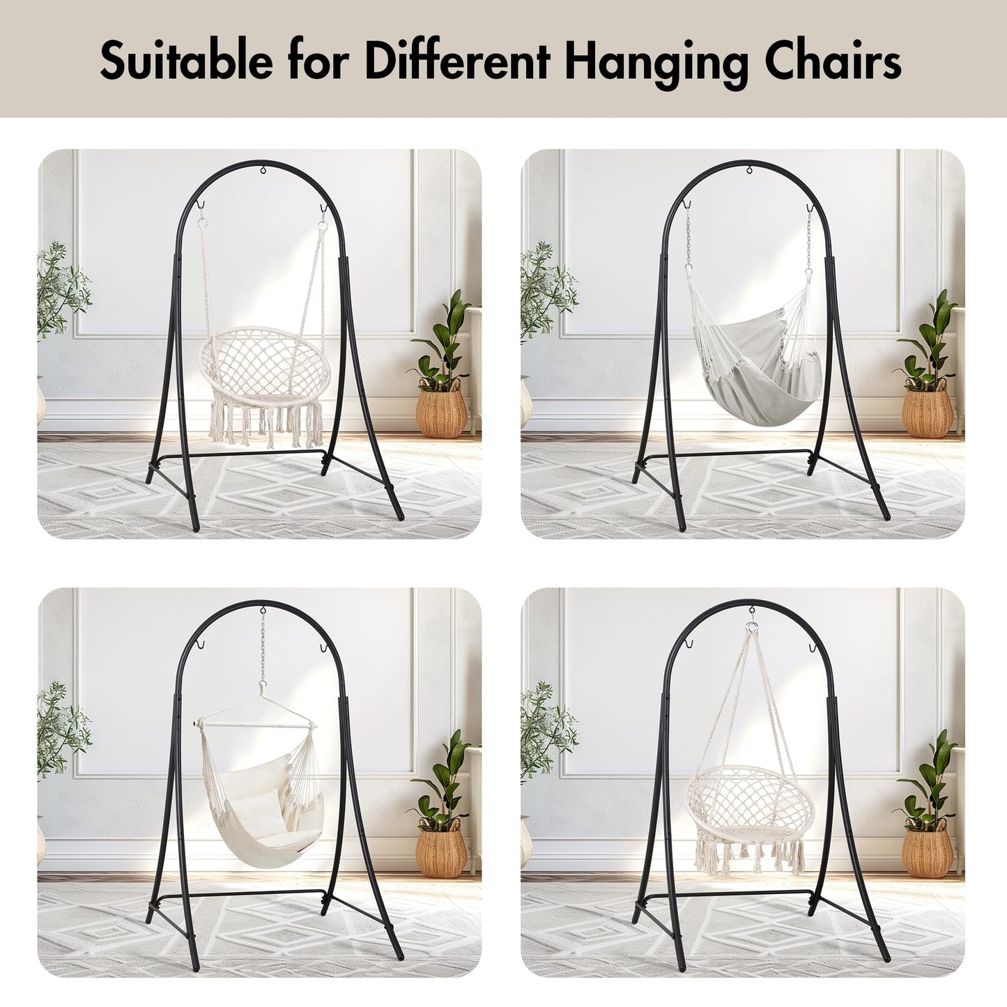 ANOW Adjustable Hammock Chair Swing Stand Only, Heavy Duty Hanging Chair Stand with Safety Hooks for Indoors Outdoors, Max 400 Lbs, Plus Size Version, Black