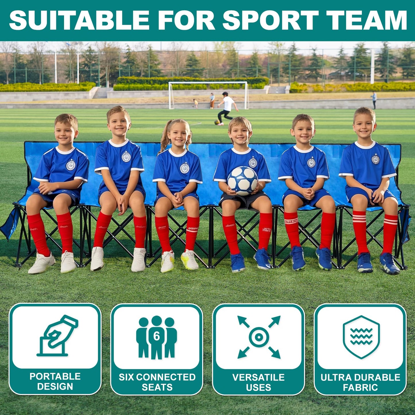 1MORE Portable Folding Bench, Foldable Sideline Bench for Team, 6 Seats Outdoor Camping Chair with Carry Bag & Backrest, Team Sport Sideline Bench for Football,Soccer, Fishing. Blue