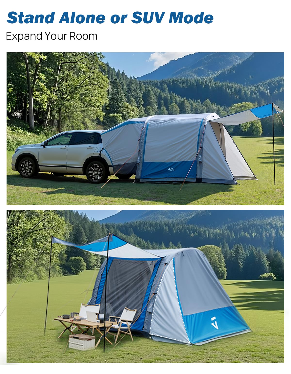 JOYTUTUS Inflatable SUV Tent with Pump 2.0, 30% More Space, Easy Set-up Car Tent for 6 Person Family Camping, Dual-Use for SUV or Ground Camping with 2 Awnings, Double Door, Fit for SUV Car Van