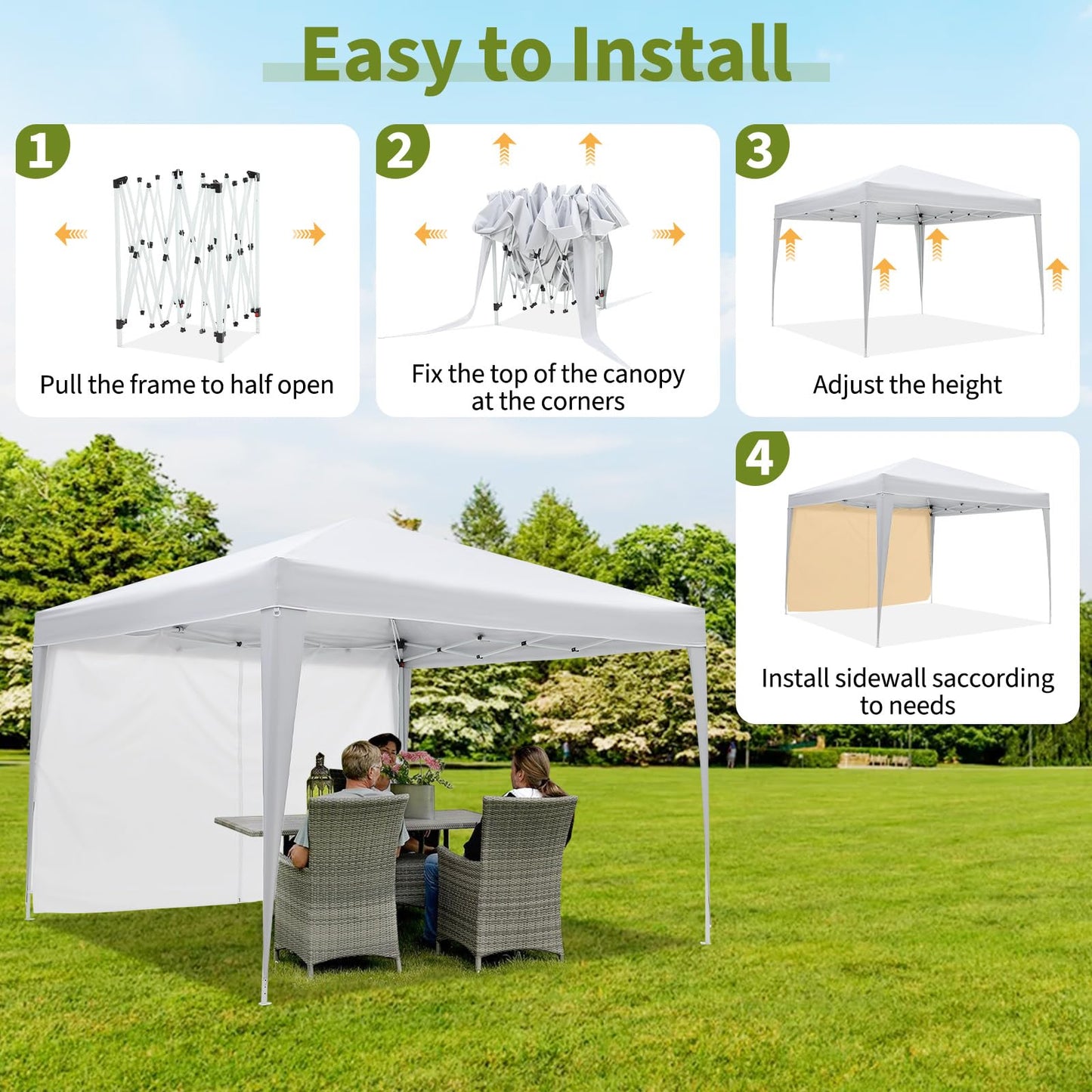 10x10 Pop Up Canopy Tent with Sidewalls, Outdoor Instant Canopy Tent with Carry Bag for Commercial Events, Camping, Beach, Backyard, White