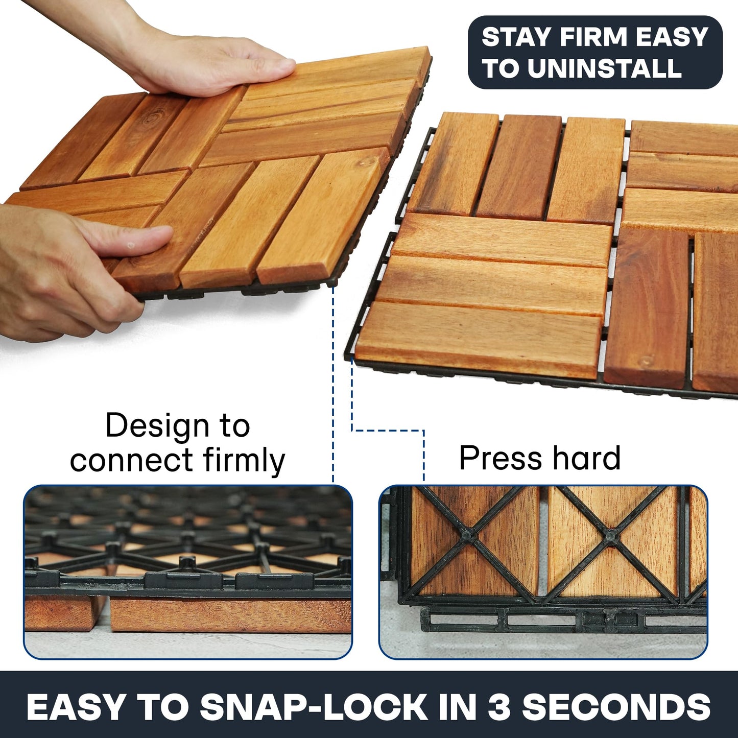 Tranquillo Interlocking Deck Tiles 12”x12”, Acacia Wood Patio Tiles, Waterproof Flooring Tiles for Indoor and Outdoor – Non-Slip, Easy Installation (Natural - Crossed Pattern, 30 Pcs - 30 Square Ft)