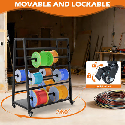 Wire Spool Rack, Cable Dispenser Cart with Wheels, Multi-Electrical Wire Rack, 12 Rods Adjustable Cable Reel Holder, Heavy Duty Wire Spool Holder, Automotive Wiring Storage Stand