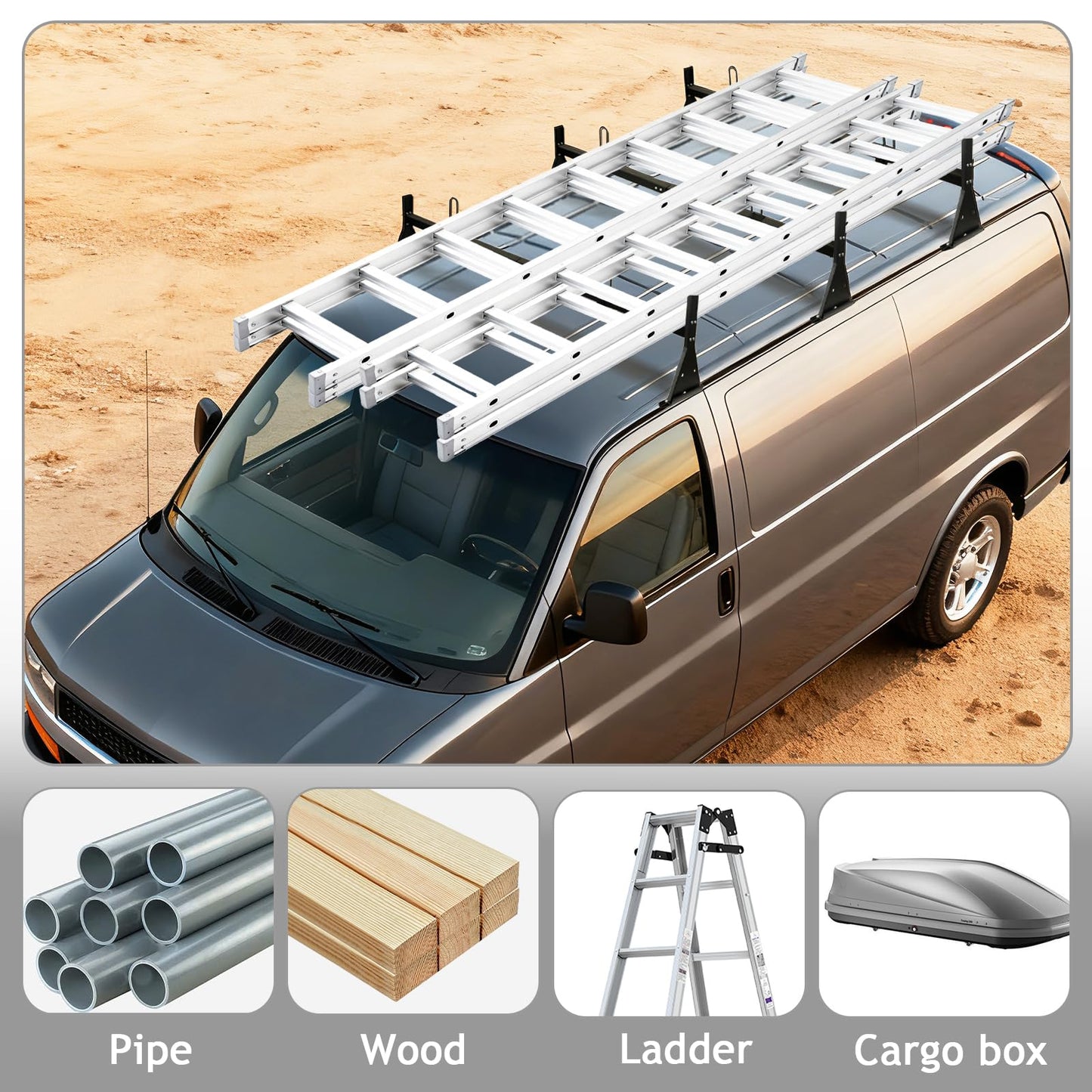 hightall Universal Van Ladder Rack,Adjustable Length 57-70" with Cargo Stoppers,Compatible with Chevy Express 1500 2500 3500 Ford Econoline GMC Savana Fullsize with Rain Gutter