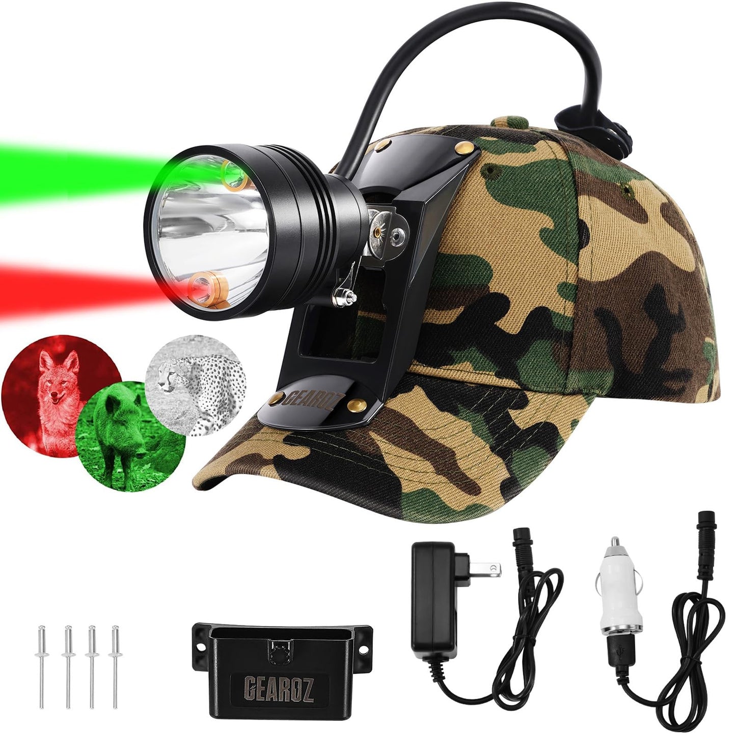 GearOZ 10W LED Coyote Hog Coon Hunting Lights, Rechargeable Hunter Headlamp, Waterproof 60000LUX Super Bright LED Predator Hunter Head Light & 3 Colors (White Red Green), 7 Position Switch