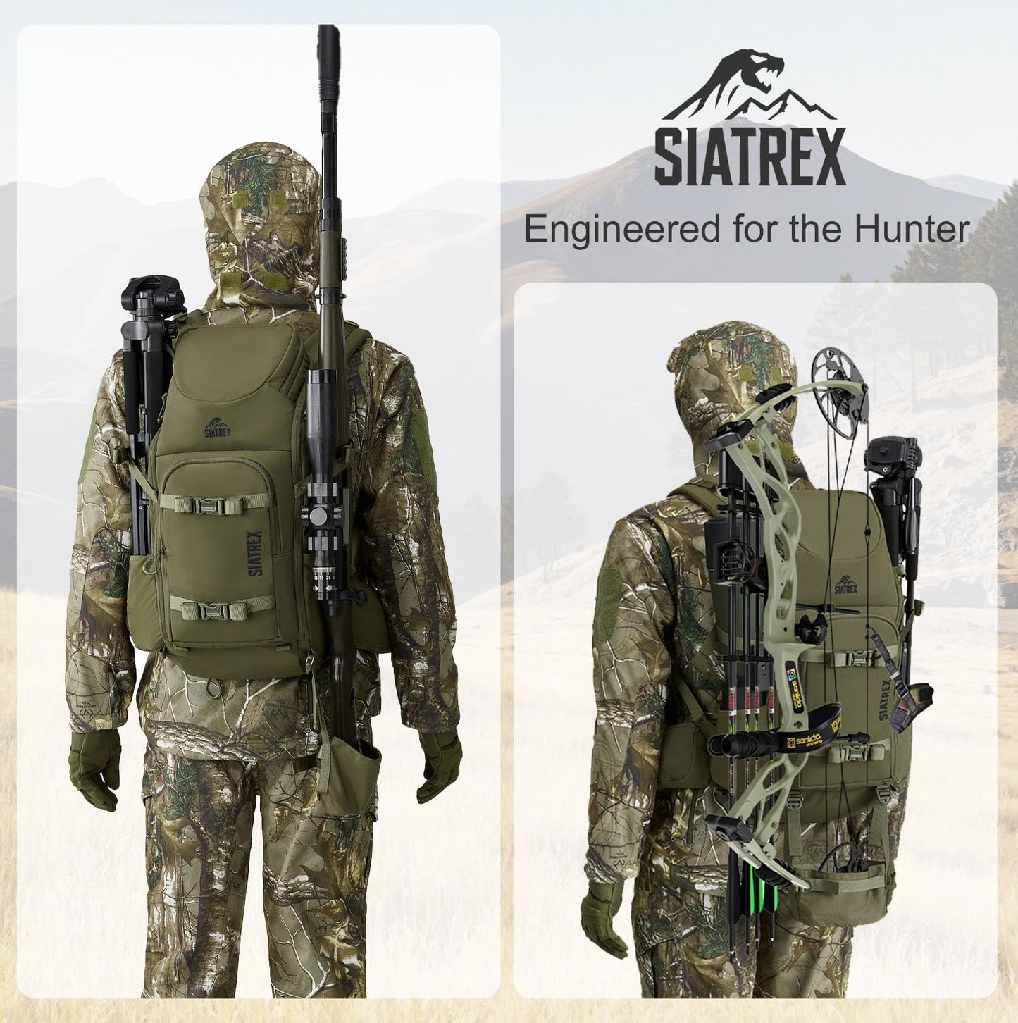 SIATREX SCOUT1800 Hunting Daypack – 500D DWR Tear-Resistant Nylon, Lightweight Tactical Backpack with MOLLE Webbing & Hydration Compatible, for Archery, Scouting, and Backcountry Hunts
