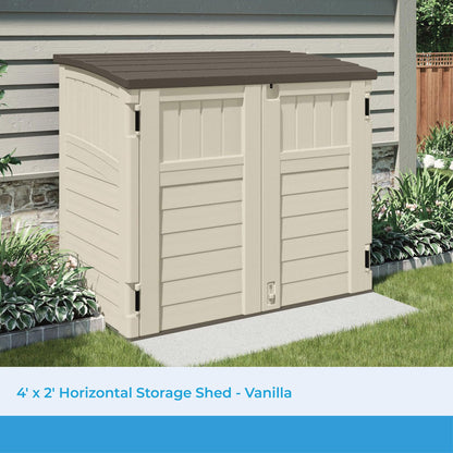 Suncast 34 Cu Ft Horizontal Resin Storage Shed - Outdoor Storage Shed with Floor Included, Lockable, Weatherproof, Fits Small to Medium Trash Cans, Generators, & Garden Tools, Vanilla Stoney