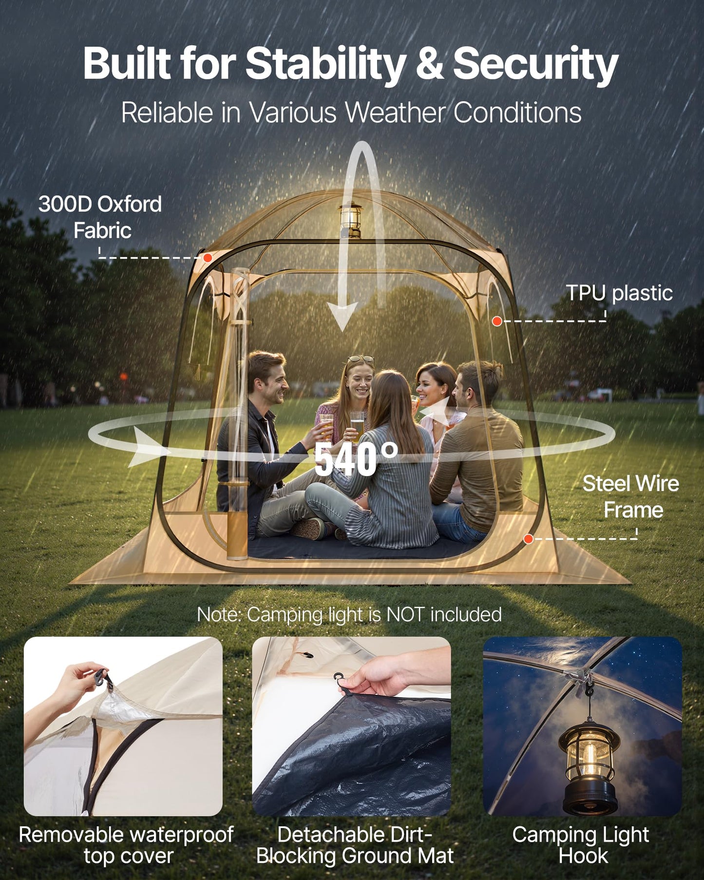 VEVOR Pop Up Sports Tent, 72" x72x76.8 Instant Weather Proof Clear Tent for 4–6 Persons, Portable Foldable Shelter with Removable Floor Mat & Top Cover, for Watching Sports Events, Camping, Fishing