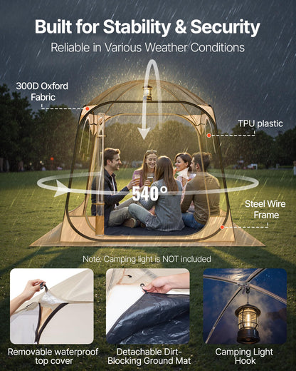 VEVOR Pop Up Sports Tent, 72" x72x76.8 Instant Weather Proof Clear Tent for 4–6 Persons, Portable Foldable Shelter with Removable Floor Mat & Top Cover, for Watching Sports Events, Camping, Fishing