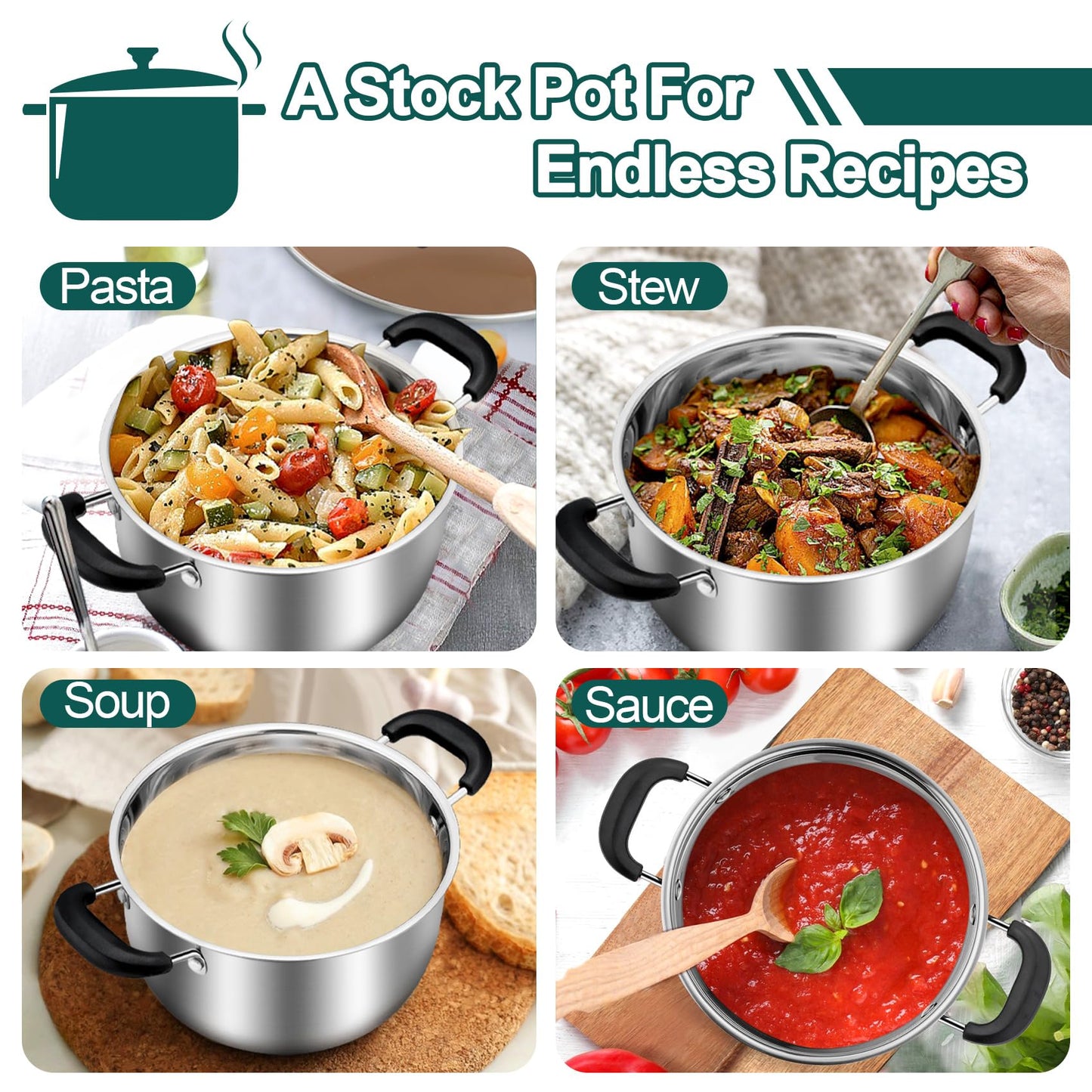 TeamFar 3 Quart Stock Pot, Stainless Steel Stock Pasta Soup Pot with Lid, Tempered Glass Lid & Double Heat-Proof Handles, Non-Toxic & Healthy, Heavy Duty & Dishwasher Safe