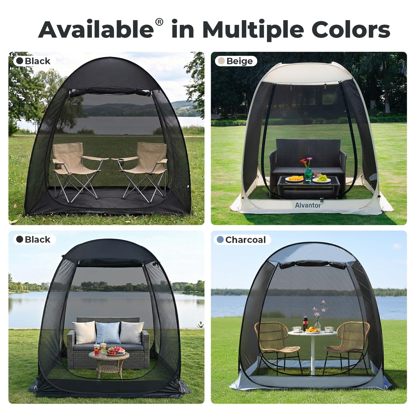 Alvantor® Pop Up Screen House Tent 6x6 FT, Snap-fit Black Mesh Screen Gazebo with Peaked Roof, Portable Screen Room Canopy Shelter with Sunshade & Sandbags for Camping, Backyard, Picnic