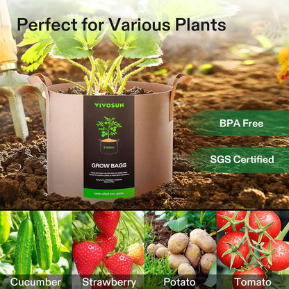 VIVOSUN 5-Pack Heavy Duty 5 Gallon Grow Bags | Thickened Nonwoven Fabric with Strap Handles - Tan