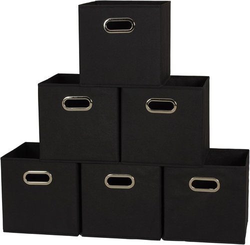 Household Essentials Foldable Fabric Storage Bins - 6-Piece Set, Sturdy Poly-Woven Fabric, Classic Black