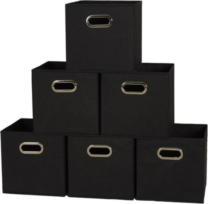 Household Essentials Foldable Fabric Storage Bins - 6-Piece Set, Sturdy Poly-Woven Fabric, Classic Black