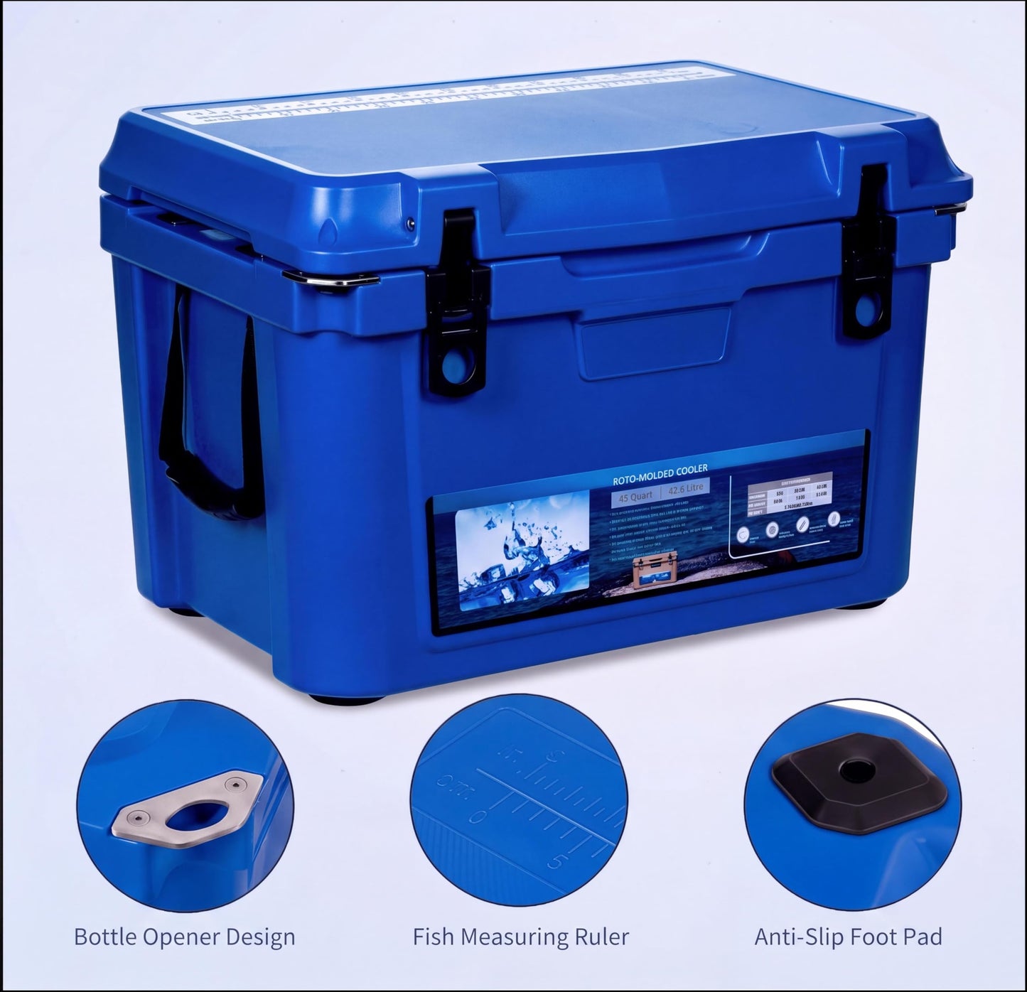 45qt Camping Cooler, Extra-Thick Insulation Keeps Ice Up to 7 Days, Portable Ice Chest Box with Strap ＆ Handle for Food, Drink, Beverage, Beach, Camping, Picnic, Fishing, Boat, Blue