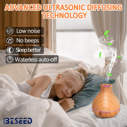 BZseed Aromatherapy Essential Oil Diffuser 550ml 12 Hours Wood Grain Aroma Diffuser with Timer Cool Mist Humidifier for Large Room, Home, Baby Bedroom, Waterless Auto Shut-off,7 Colors Lights Changing