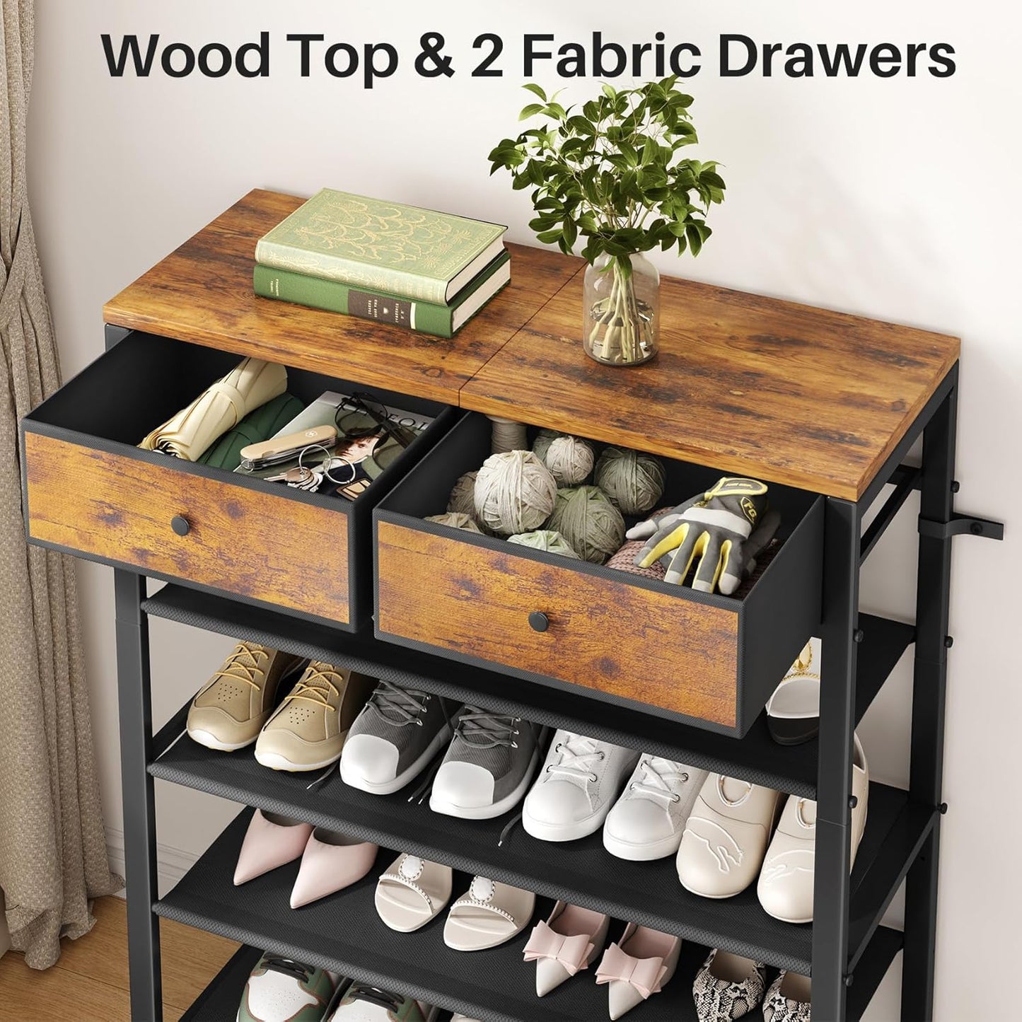 Kitstorack Shoe Rack - 4-Tier Organizer for 9-12 Pairs with 2 Drawers & Wooden Top | Rustic Brown