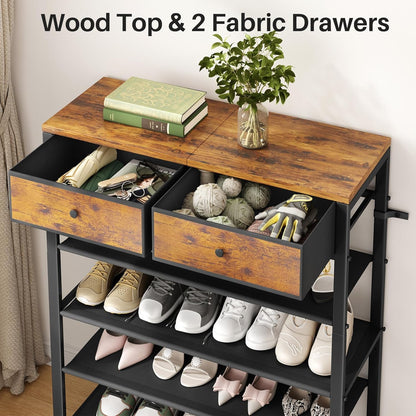 Kitstorack Shoe Rack - 4-Tier Organizer for 9-12 Pairs with 2 Drawers & Wooden Top | Rustic Brown