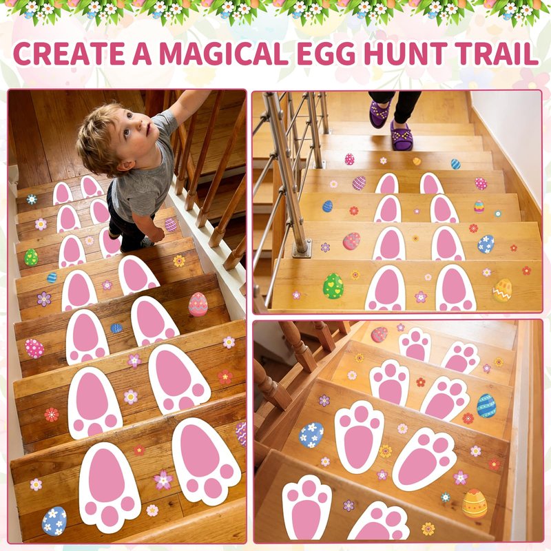129 Pcs Easter Bunny Footprint Stickers for Floor Removable Easter Bunny Feet Paw Stickers Bunny Paw Print Easter Egg Flower Print Holiday Party Decorations Home Floor Window Decor Egg Hunting Games