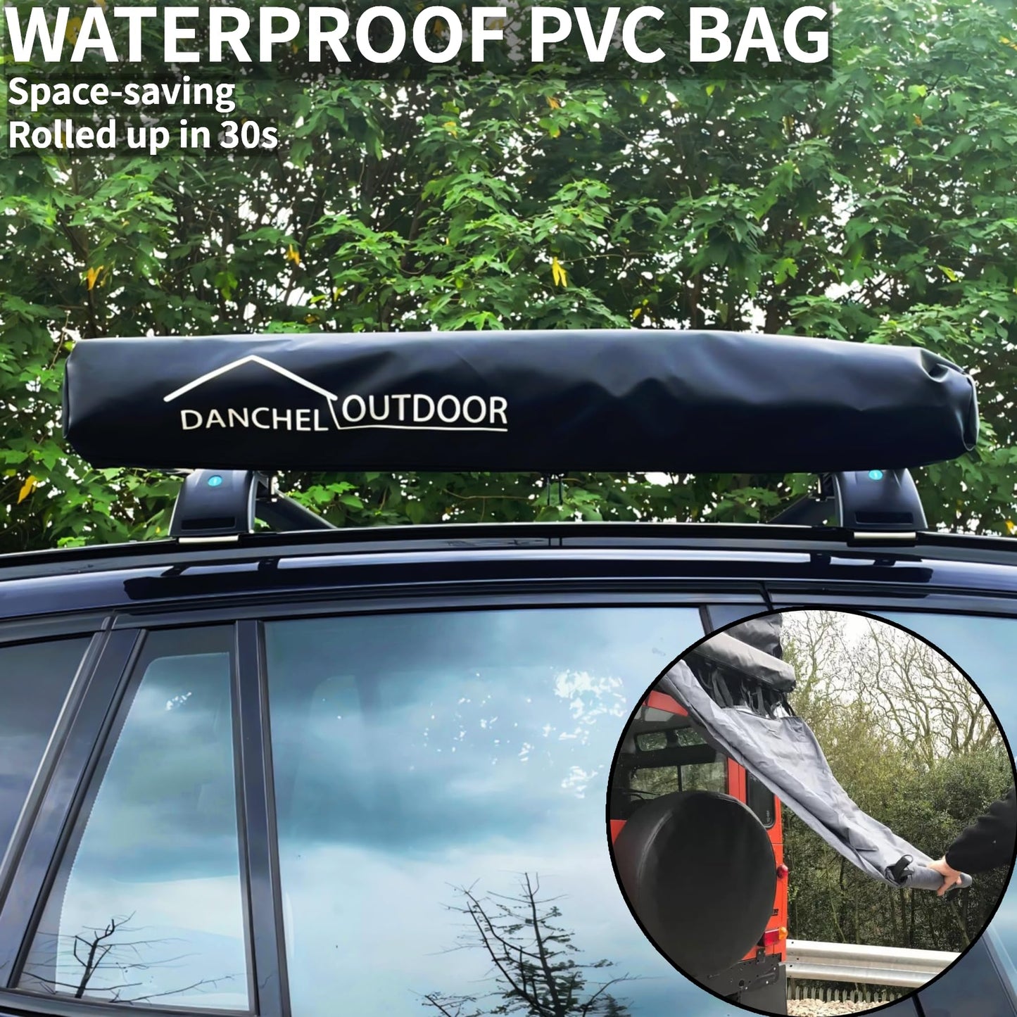 DANCHEL OUTDOOR Car Side Shower Awning with Roof, 3.3x3.3ft Portable Roof Rack Vehicle Shower Privacy Tent Shelter Enclosure Overland Camping Changing Room Bathroom w/LED Light, Gray