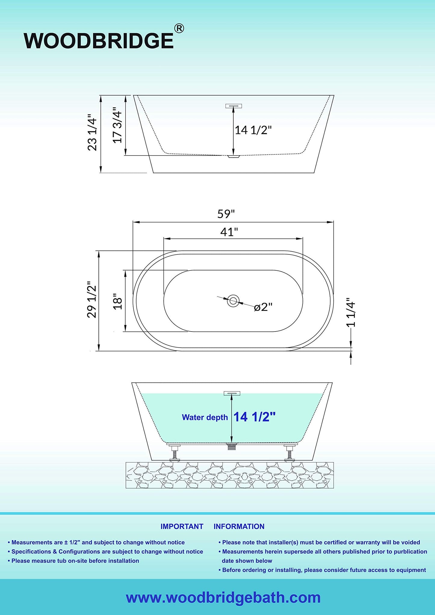WOODBRIDGE 59"Freestanding White Acylic Soaking Bathtub with Drain Kit and Floor Mount Tub Filler in ORB,BTA1514 -ORB-Drain &O+F0010ORBRD