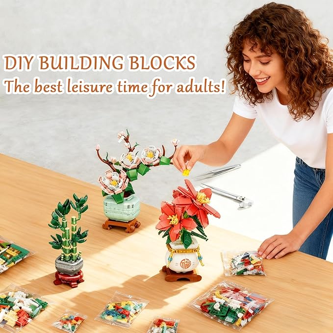 Botanicals 3 Bonsai Flowers Building Blocks Set Lucky Bamboo-Red Poinsettia-Pink Orchid Artificial Flower Bouquet Building Bricks Toy Plants Decor Ideal Valentine's Day Gift for Lover (1576PCS)